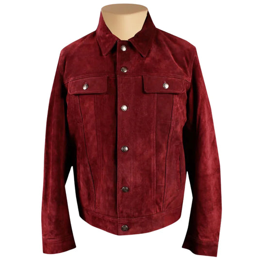Front view of Weston's maroon suede leather shirt featuring a classic button-down front, point collar, and two chest flap pockets with button closures on a white background.