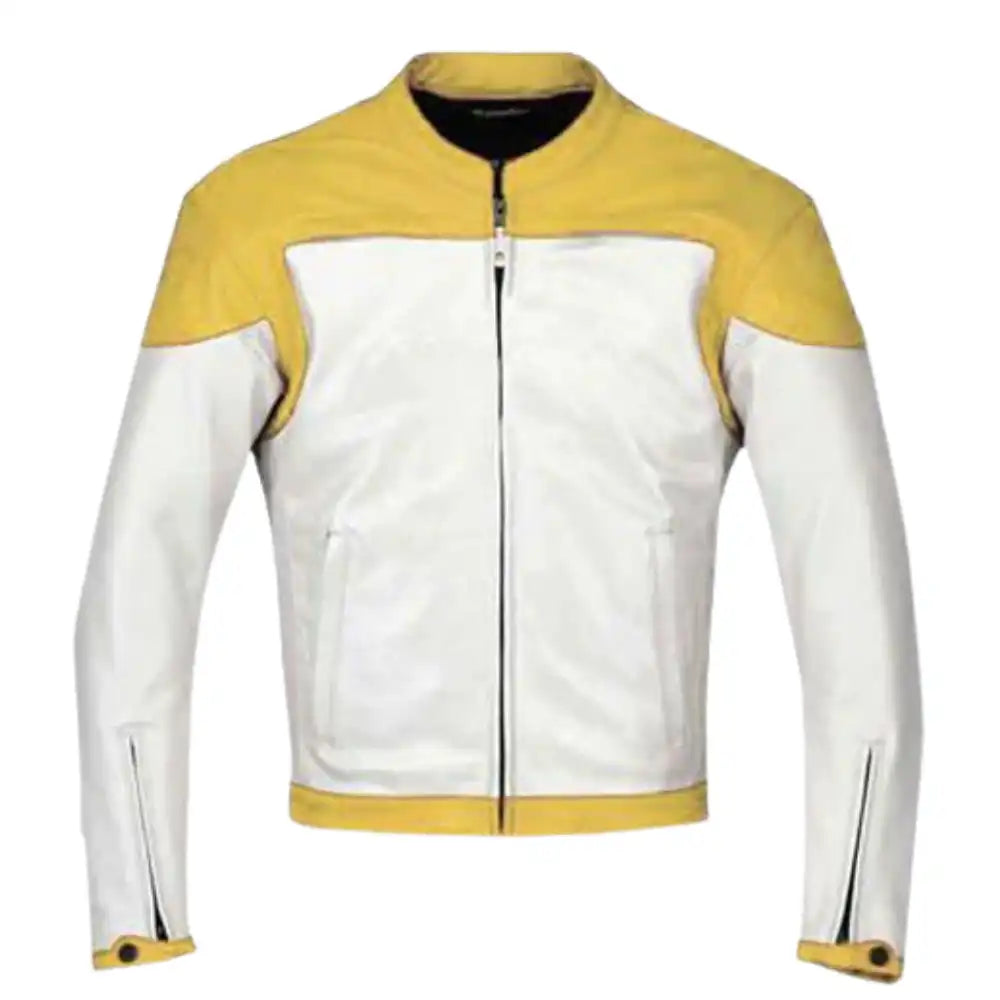 Front View: Front view of a white and yellow armored leather motorcycle jacket featuring high-visibility neon panels, integrated shoulder sliders, and a central heavy-duty zipper.