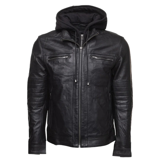 Wilder Black Leather Jacket With Removable Hoodie front view black leather jacket with attached hoodie