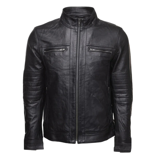 Wilder Black Leather Jacket With Removable Hoodie front angle black leather jacket with removable hood