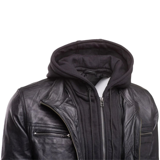 Wilder Black Leather Jacket With Removable Hoodie close up leather texture on black jacket