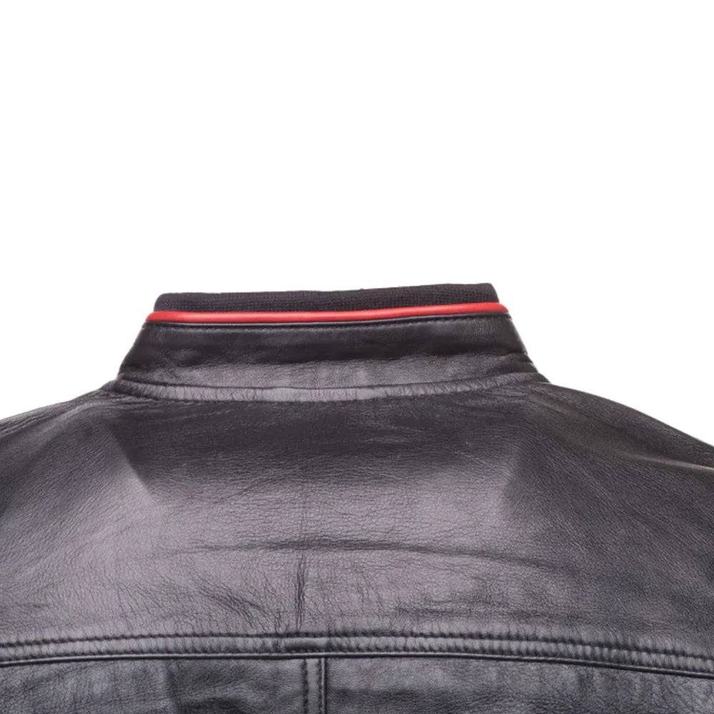William Black Bomber Leather Jacket with Red Piping rear view leather bomber jacket with contrast piping