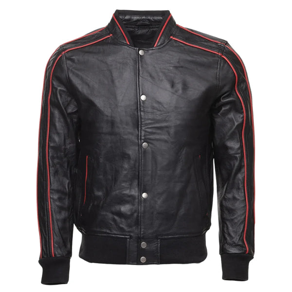 William black bomber leather jacket with red piping