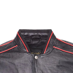 William Black Bomber Leather Jacket with Red Piping close up of red piping on black leather jacket