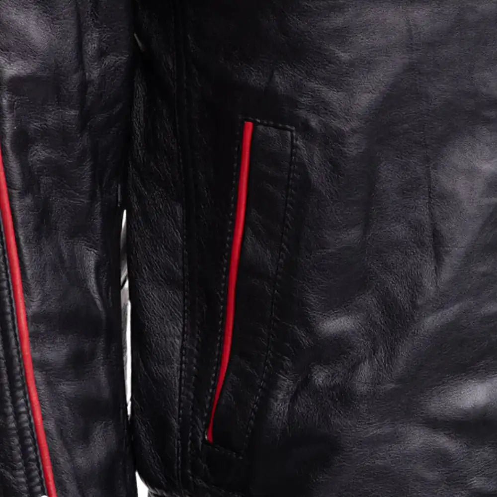 William Black Bomber Leather Jacket with Red Piping close up of pocket on leather bomber jacket