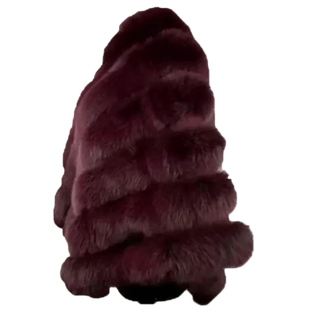 A detailed close-up of genuine burgundy fox fur, showcasing the soft texture, high-sheen hairs, and premium craftsmanship of the cape.
