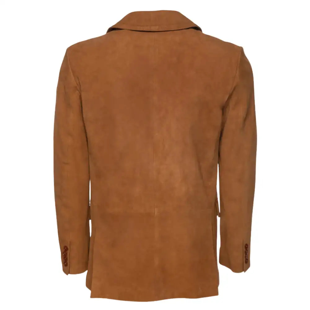 Rear view of Wyatt tan suede leather blazer on a white background