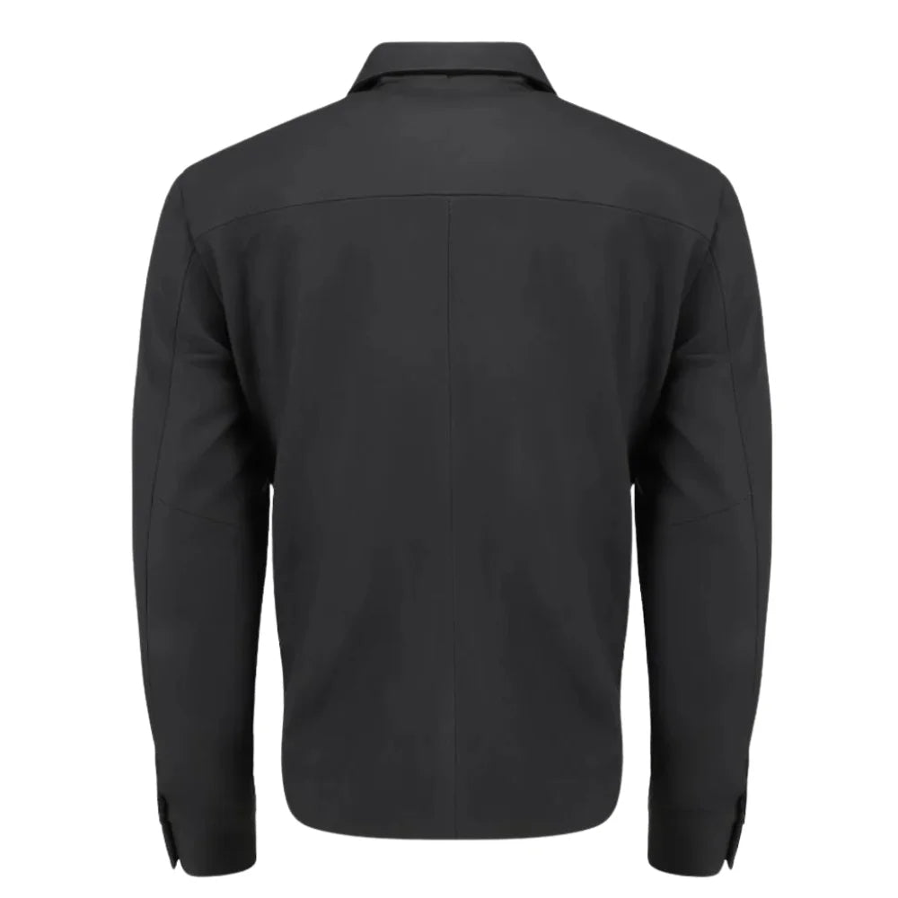 Zane Matte Black Collared Leather Jacket back view matte black leather jacket