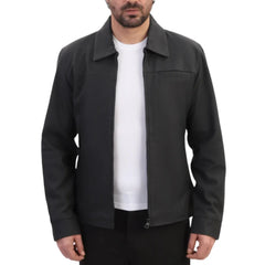 Model wearing Zane Matte Black Collared Leather Jacket black leather jacket outfit