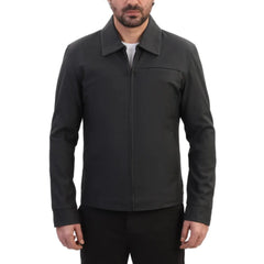 Model styling Zane Matte Black Collared Leather Jacket minimalist leather jacket look