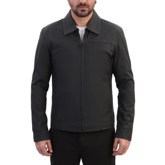 Model styling Zane Matte Black Collared Leather Jacket minimalist leather jacket look