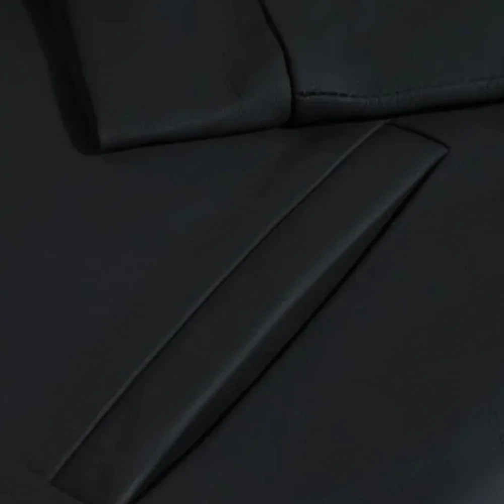 Zane Matte Black Collared Leather Jacket close up of pocket on black leather jacket