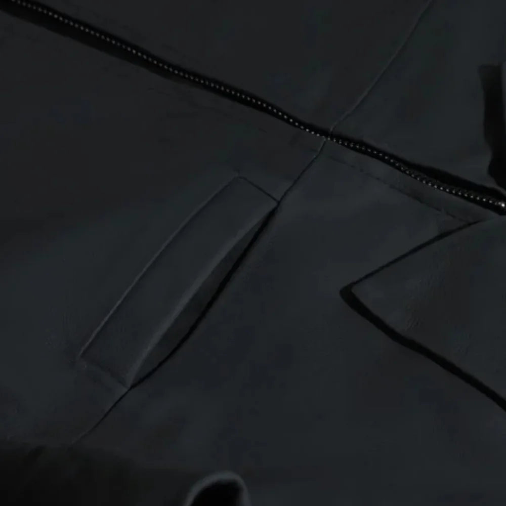 Zane Matte Black Collared Leather Jacket pocket stitching detail leather jacket