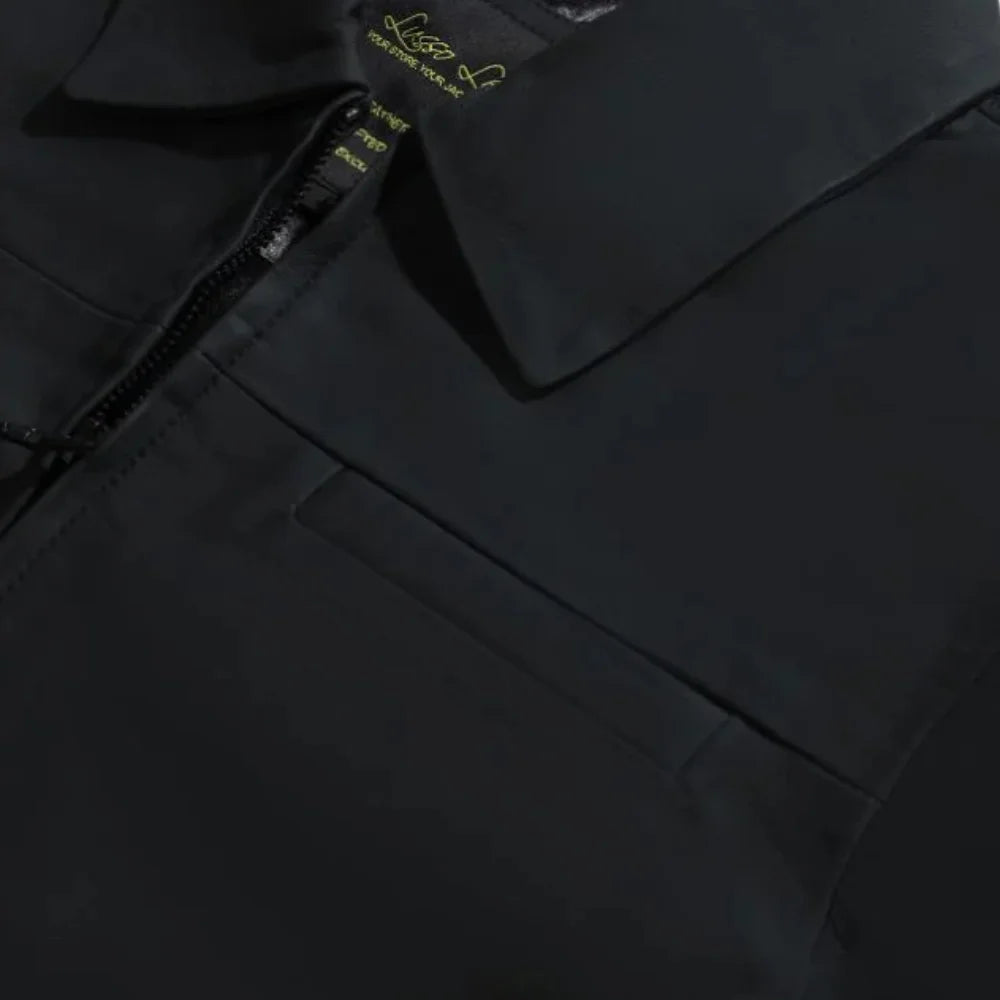 Zane Matte Black Collared Leather Jacket front pocket detail matte leather