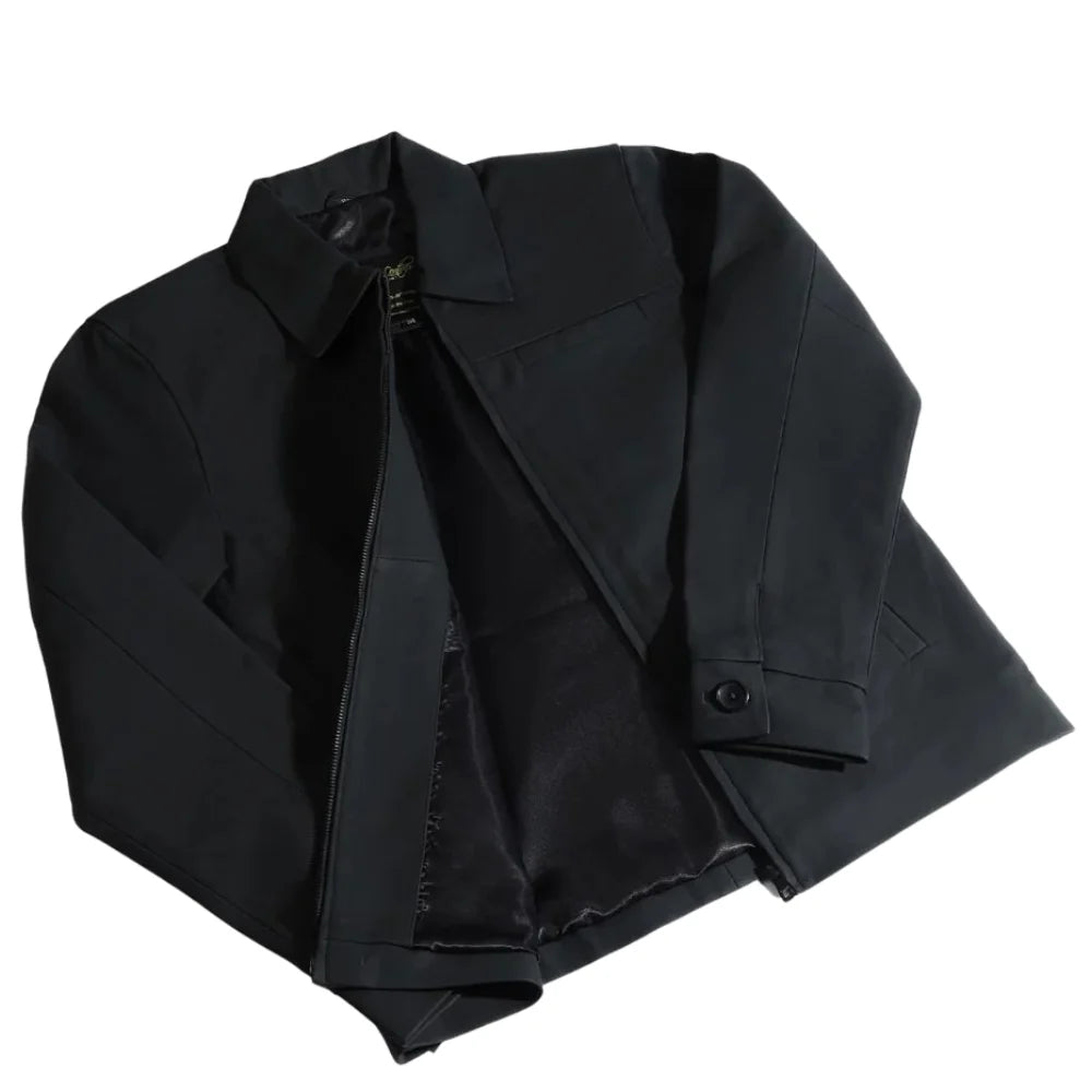 Zane Matte Black Collared Leather Jacket side profile matte black leather jacket silhouette