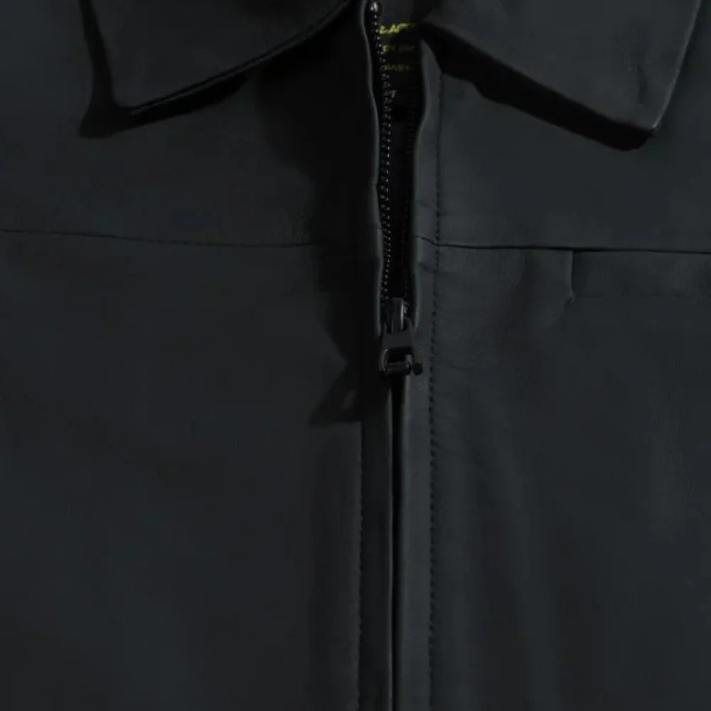 Zane Matte Black Collared Leather Jacket close up zipper on leather jacket