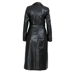 Back view of the Zoe black long leather coat highlighting the tailored silhouette and adjustable waist belt.