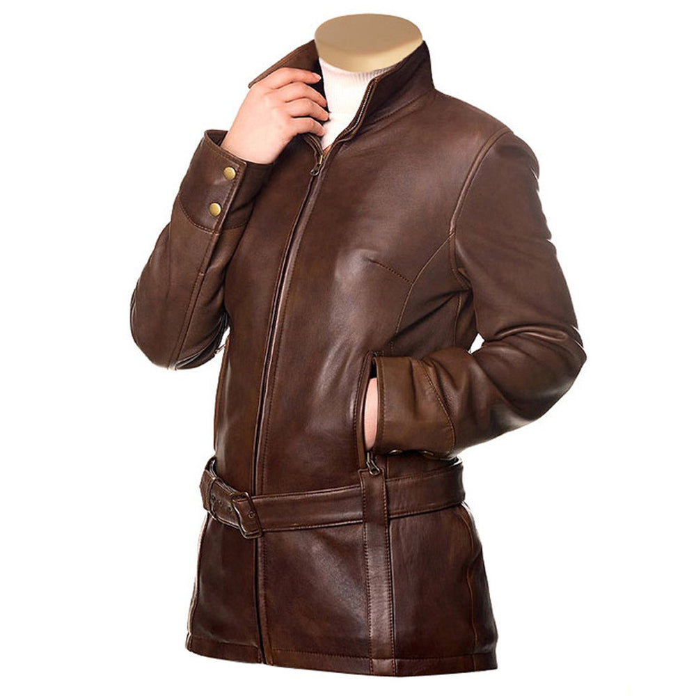 Stylish Waist Belt Women's Sherry Brown Leather Jacket