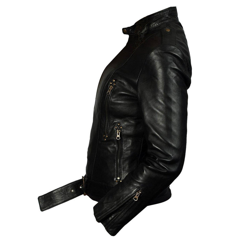 Women's Lynn Black Leather Side Zip Jacket Safe and Waterproof