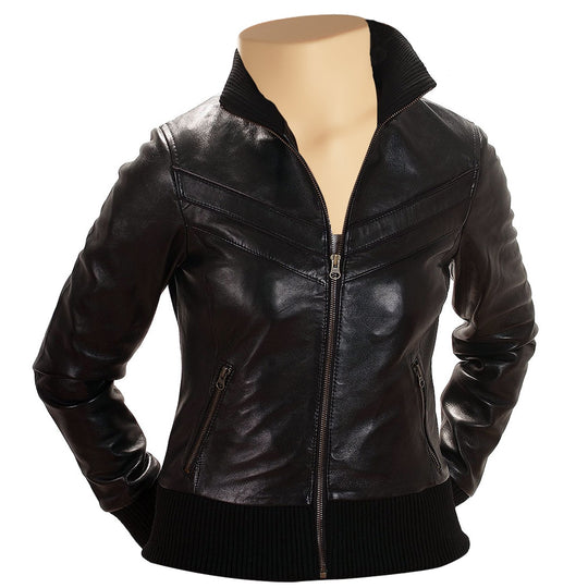 Cozy Black leather Adele jacket with ribbed collar and hem