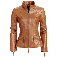 Women's stylish English Tan leather jacket with quilted patches