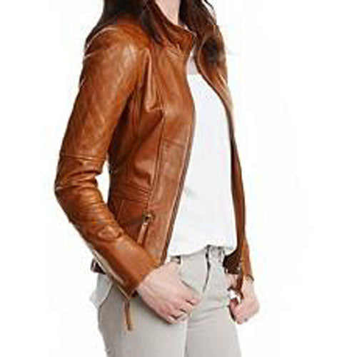Stylish English tan leather jacket with quilted patches