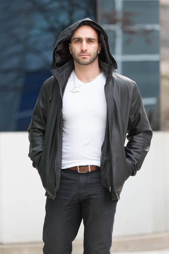 A stylish leather hooded jacket for men