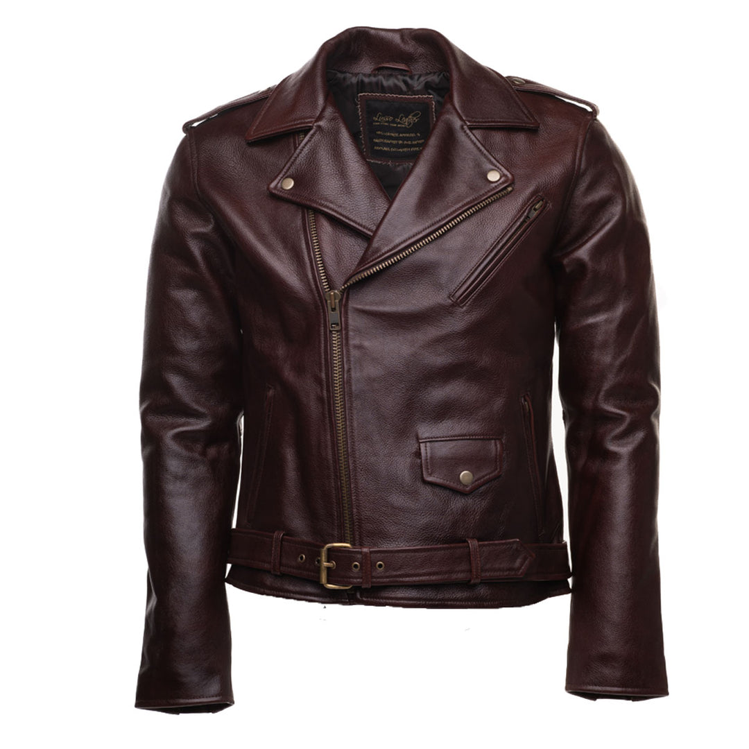 Elliot oxblood biker leather jacket with waist belt