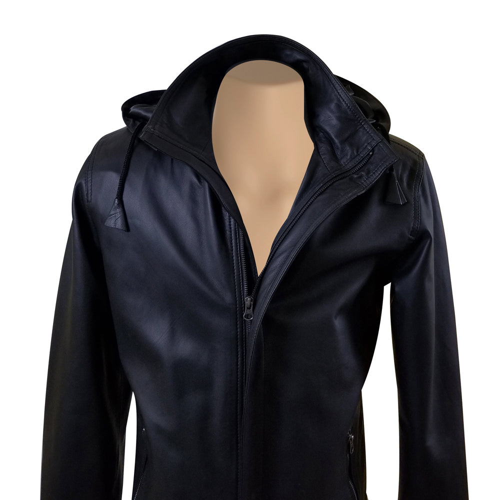 A stylish leather hooded jacket for men