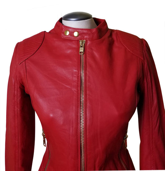 Fashionable Buttoned Collar Kirbys red leather jacket