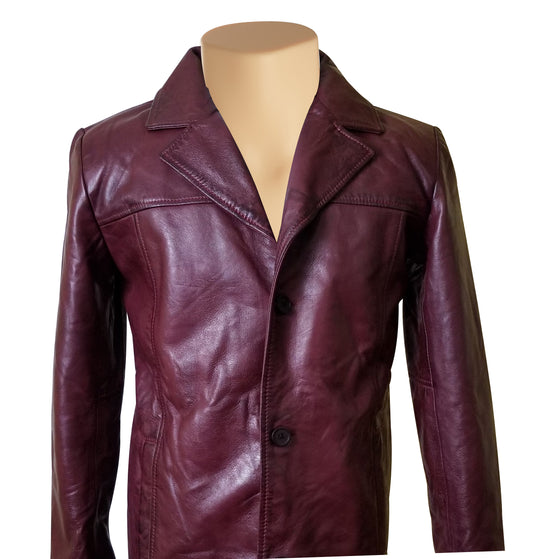 Warm Krueger's maroon buttoned leather blazer