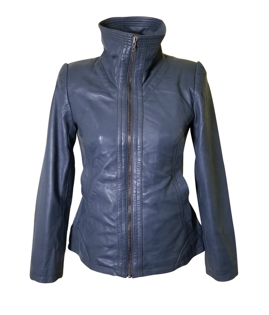 Comfortable Marva Grey Flap Collar Leather Jacket