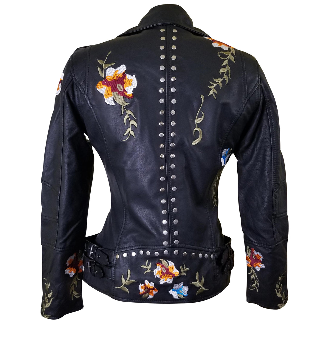 Flowery Embroidered Leather Jacket With Studs