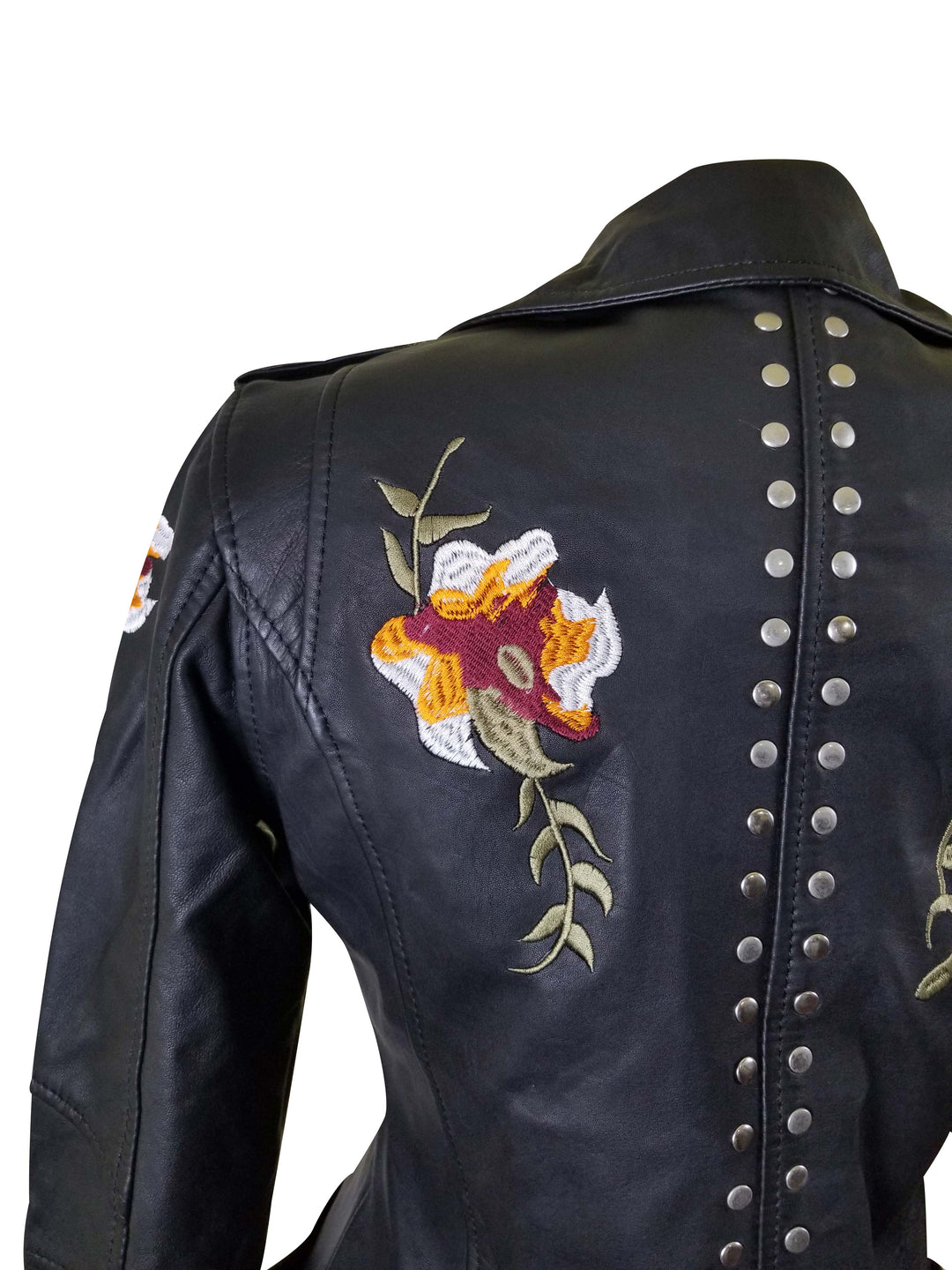 Flowery Embroidered Leather Jacket With Studs