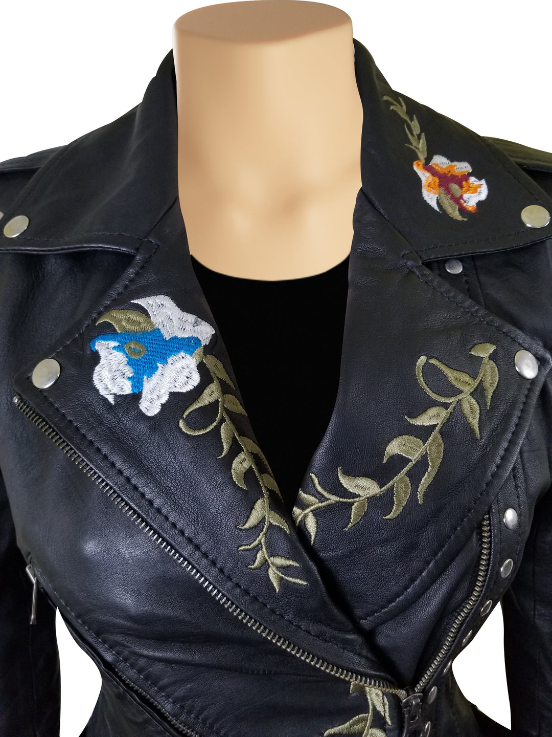 Flowery Embroidered Leather Jacket With Studs