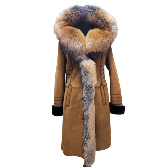 Chantal's Tan Shearling coat with large fox fur hoodie and trim