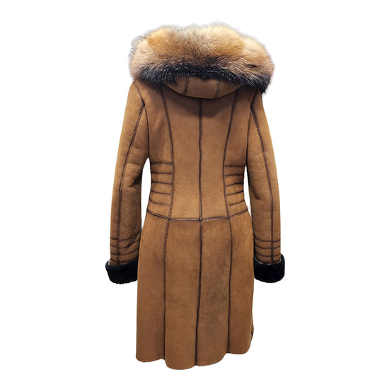 Chantal's Tan Shearling coat with large fox fur hoodie and trim