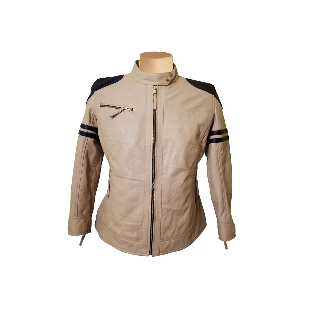 Women Stylish Senan's beige and Brown Moto leather jacket