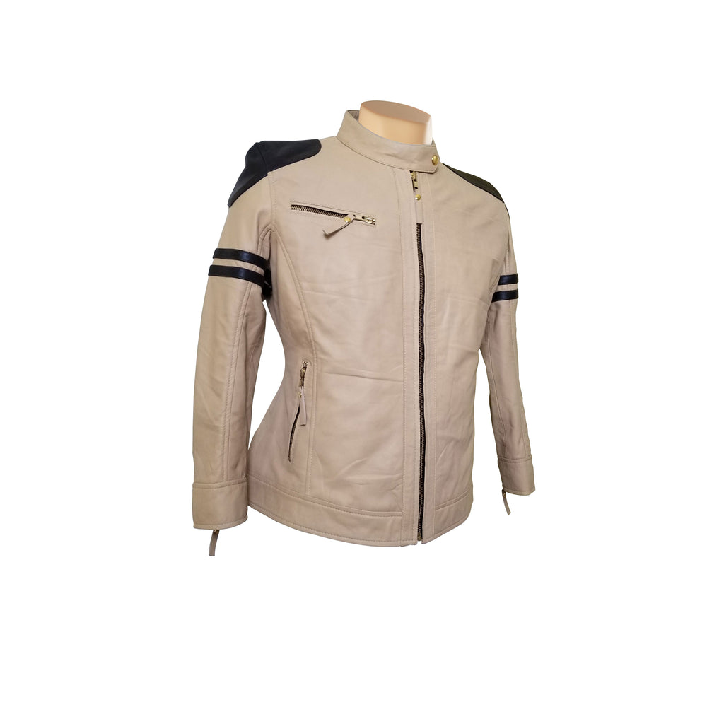 Women Stylish Senan's beige and Brown Moto leather jacket