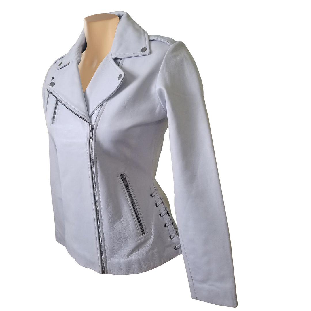 Stylish Callie's white leather biker jacket