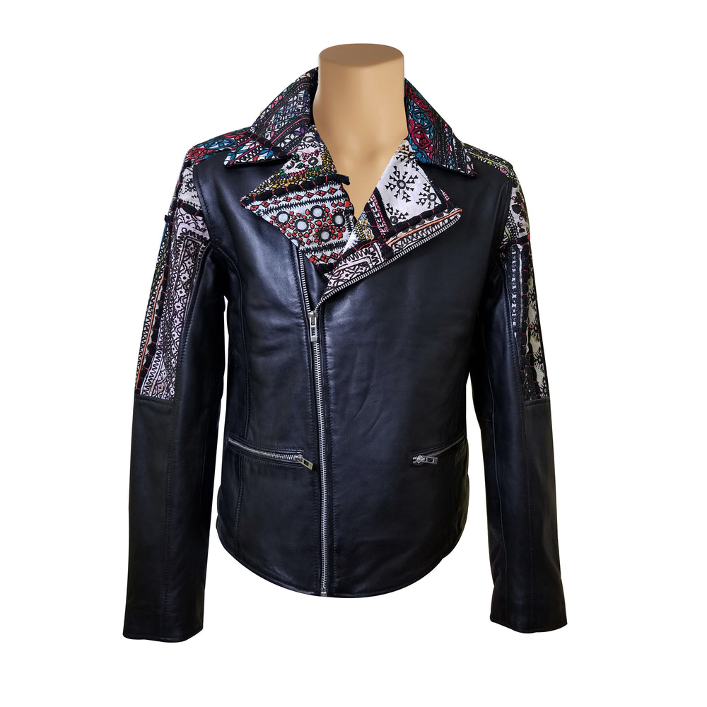 Soft Hand Embroidered Fabric Bohemian Leather Jacket