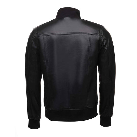 Black leather jacket with straight ribbed collar