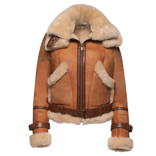 Kristy Vintage Cognac Womens Crop Shearling Bomber Jacket