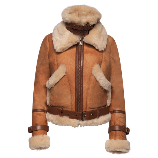 Kristy Vintage Cognac Womens Crop Shearling Bomber Jacket