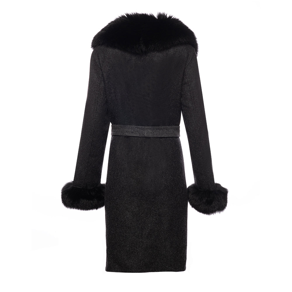 Mia's belt tie wool coat with fox fur