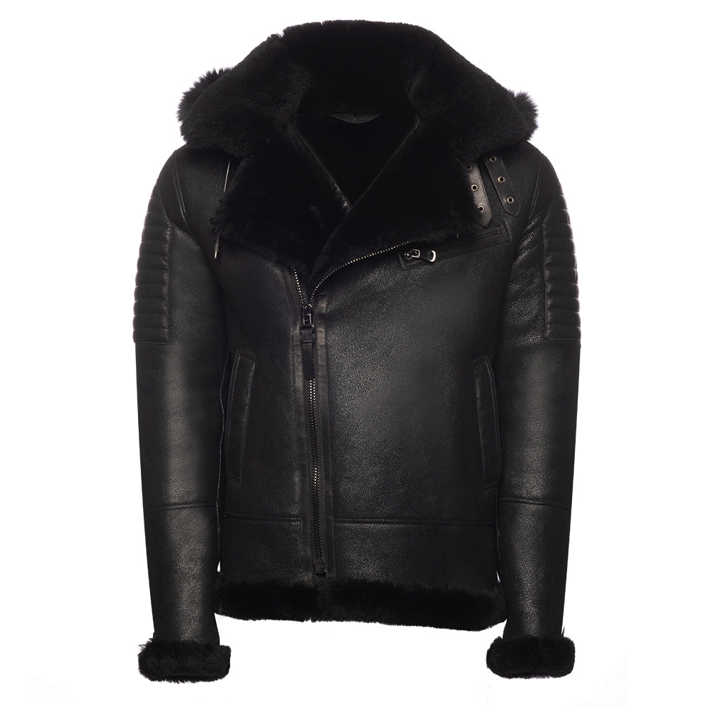 Lucas Black Aviator bomber shearling jacket with Hoodie