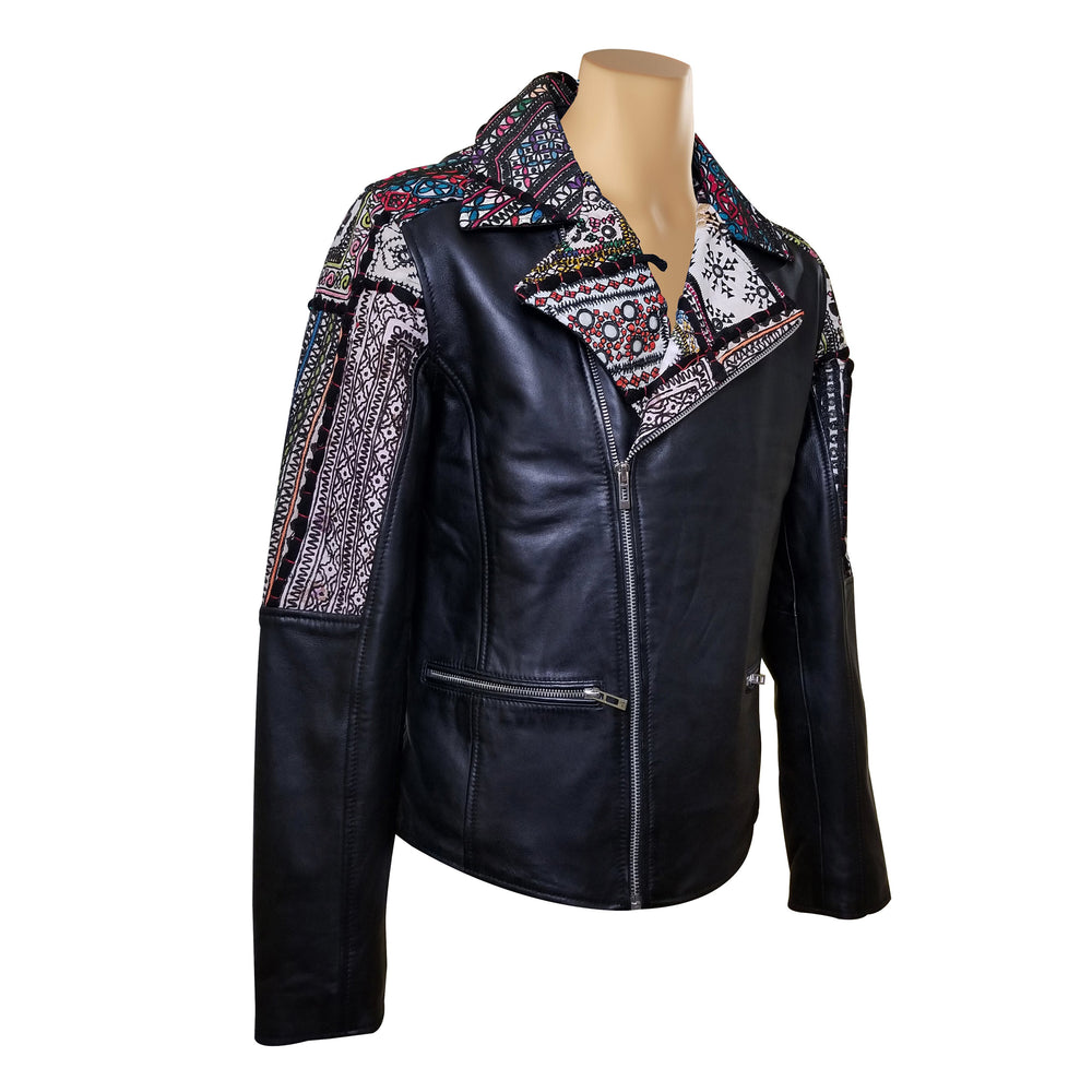 Soft Hand Embroidered Fabric Bohemian Leather Jacket