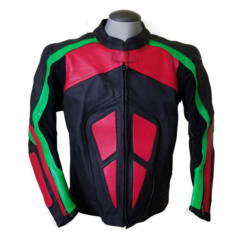 Armor Protection Red, Green, and Black Armored Motorcycle Leather Jacket