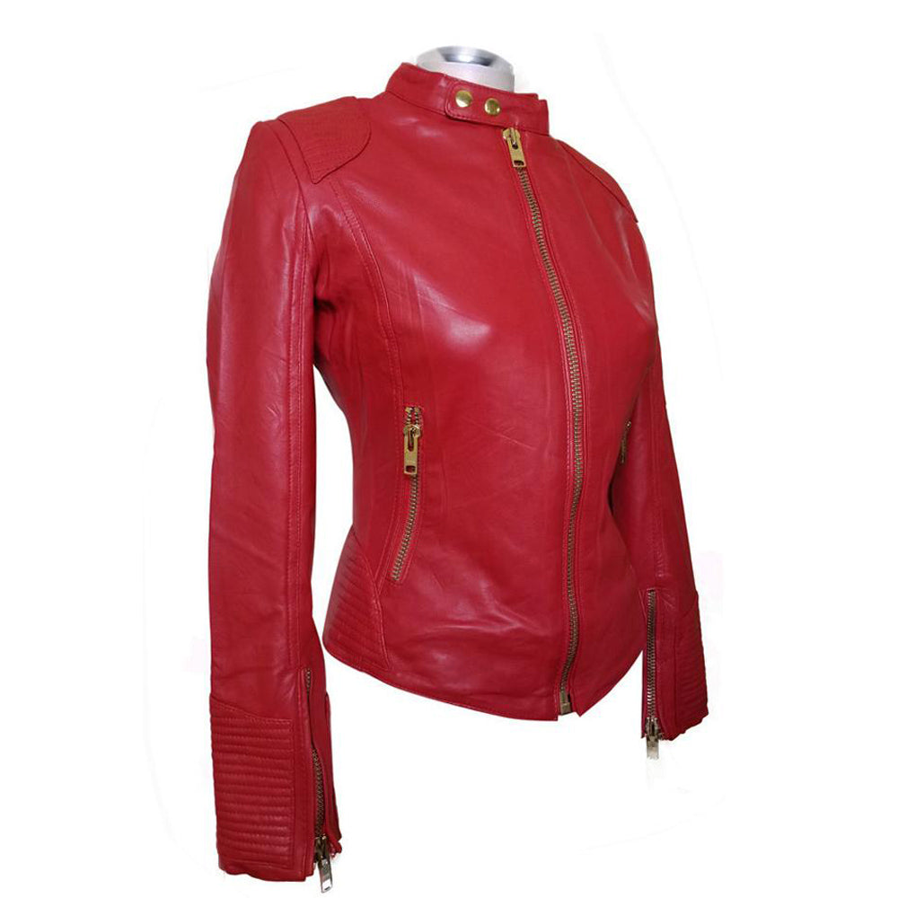 Fashionable Buttoned Collar Kirbys red leather jacket