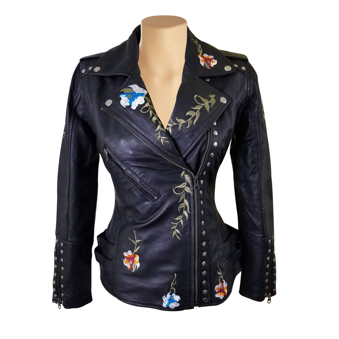 Flowery Embroidered Leather Jacket With Studs